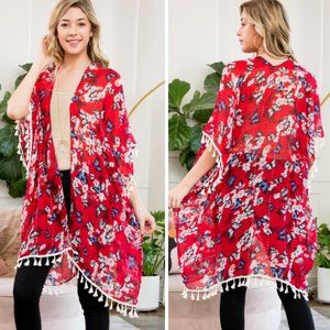 Last one! DONATING SOON! Red Floral & Butterfly Print Kimono / Swim Cover-Up